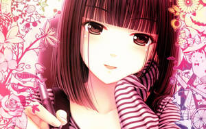 Kawaii Anime Meisie Hou Pen Met Doodles