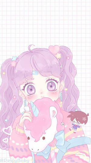 Kawaii Anime Meisie Met 'n Eenhoorn Opgestopte Speelding