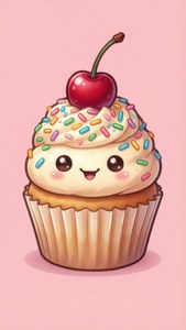 Soet kawaii cupcake met 'n gelukkige gesig. — Kawaii Muurpapier
