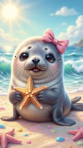 Oulike kawaii-seël met 'n strik by die strand. — Kawaii Muurpapier