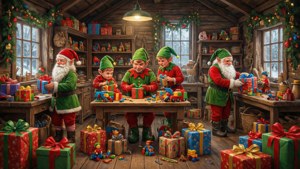 Kersfeesman se werkswinkel met bedrywige kabouters wat geskenke toedraai en speelgoed bou, 'n vreugdevolle feestoneel. — Geseënde Kersfees Muurpapier