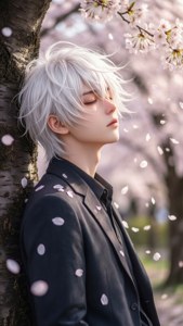 'n Hartseer anime-seun leun teen 'n kersiebloeiselboom, met blomblare wat om hom val.