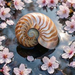 'n Bo-aansig van 'n nautilusdop op water met kersiebloeiselblare, sagte lentekleure. — Pixel Watch 3 Muurpapier