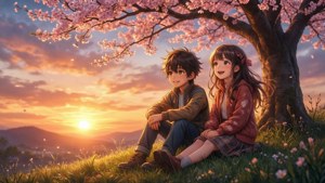 Twee anime-kinders geniet 'n rustige sonsondergang onder kersiebloeiselbome. — Anime kinders Muurpapier