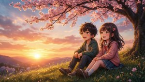 Twee anime-kinders geniet 'n rustige sondergang onder kersiebloeiselbome. — Anime kinders Muurpapier