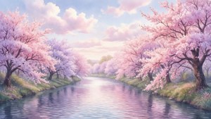 'n Rustige rivier omlyn met pastel kersiebloesems, sagte estetiese vibes. — Sagte estetiese GIF Muurpapier