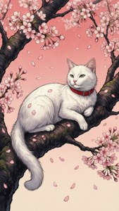 'n Elegante kat wat op 'n sakura-tak rus — Anime kat Muurpapier