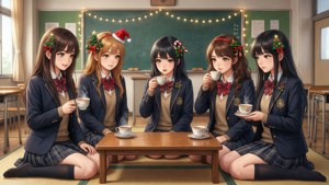 Anime skoolmeisies geniet Kersfees by die kotatsu in die klaskamer — Anime kersfees Muurpapier
