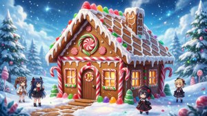 Anime-kieredoringhuis met lekkers en sneeu, fantasie-styl. — Anime kersfees Muurpapier