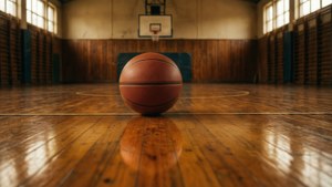 Oustydse gimnasiumvloer met basketbal, nostalgiese atmosfeer — Basketbal GIF Muurpapier