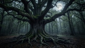 'n Donker woud met 'n knoetsige eikeboom onder 'n volmaan, spookagtig en goties. — Donker woud Muurpapier
