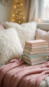 'n Warm en knus leeshoekie met sagte kussings en pastelkleurige boeke. — Sagte estetiese GIF Muurpapier