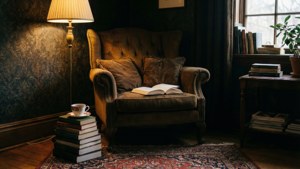 'n Warm en stemmige leeshoekie met 'n lamp en boeke.