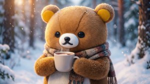 Lieflike Rilakkuma wat warm sjokolade geniet in 'n sneeubos, perfek vir knus wintergevoelens. — Kawaii Muurpapier