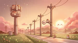 kawaii-landskap, knus skemer, padlandskap, oulike telefoonpaal, grillige sonsondergang, glimlaggende son, knipoogson, chibi-karakter, seintoring, oulike voël, oulike kat, hartteken, gloeiende vuurvlieë, pienk wolklug, rustige pad, plattelandse paadjie, sagte pastelkleure, nostalgiese illustrasie, kalm atmosfeer, magiese aand — Oulike Kat Muurpapier