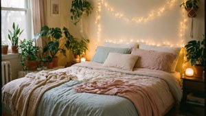 'n Rustige sagte estetiese slaapkamer met feëliggies en plante. — Sagte estetiese GIF Muurpapier