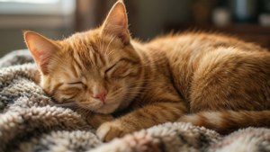 'n Hartverwarmende foto van 'n slapende kat op 'n kombers, ideaal vir diereliefhebbers.