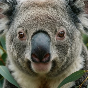 'n Gedetailleerde nabyfoto van 'n koala se gesig met 'n sagte agtergrond. — Huawei nova Flip Muurpapier