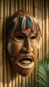 'n Tiki-masker gemaak van kokosneutdoppe en vere op 'n bamboesmuur met warm lig. — iPhone 5 Muurpapier