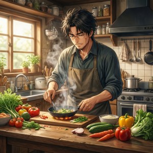 Tome Kurata kook in 'n knus kombuis met warm beligting en vars kos. — Pixel Watch Muurpapier