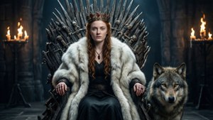 Sansa Stark op die Ystertroon met 'n wolf, fantasie alternatiewe einde.