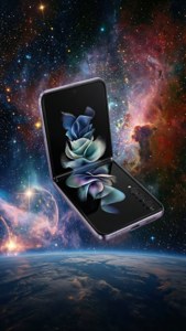 Die Z Flip 5 wat in die buitenruimte sweef met 'n lewendige newel en sterre-agtige agtergrond.
