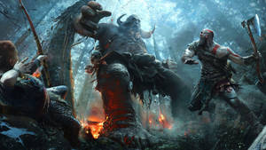 Kratos wat 'n reuse-trol neem in God of War agtergrond.