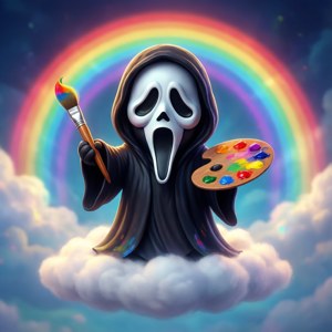 Ghostface as 'n kunstenaar wat reënboë skilder. — Tecno Phantom Muurpapier