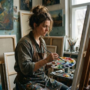 Ksenia Solo wat skilder in 'n sonverligte ateljee omring deur kunswerke en voorrade. — Pixel Watch 3 Muurpapier