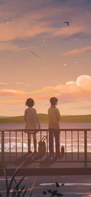 Kêrel En Meisie Kyk Na Die Meer Kuns — Anime landskap GIF Muurpapier