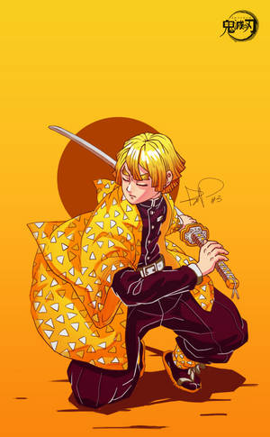 Zenitsu posing in orange background digital art wallpaper. — Moto Pad 70 Groove Muurpapier
