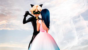 Ladybug en Cat Noir Soen Trourok-agtergrond — Lieweheersbesie en swart kat soen Muurpapier