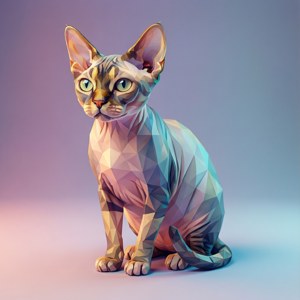 'n Moderne lae poli 3D-weergawe van 'n Devon Rex-kat met pastel-gefassetteerde vorms. — Pixel Watch 4 Muurpapier
