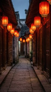Gloeiende rooi lantaarns in 'n smal antieke Chinese stegie teen skemer