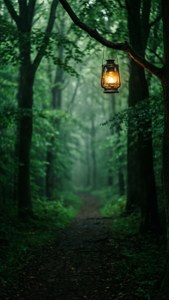 Mistige woudpad met 'n lantern vir 'n donker, rustige Slytherin-estetika. — Slytherin estetiek Muurpapier