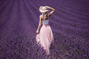Laventel Estetiese Vrou Wat In Die Veld Stap — Lavender estetika Muurpapier