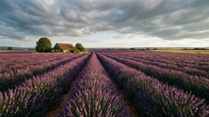 Ultra-wye laventelveld met dramatiese bewolkte lug en verafgeleë plaashuis.