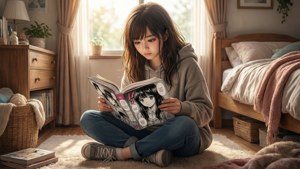 'n Rustige toneel van 'n meisie wat manga in haar kamer geniet. — Manga GIF Muurpapier