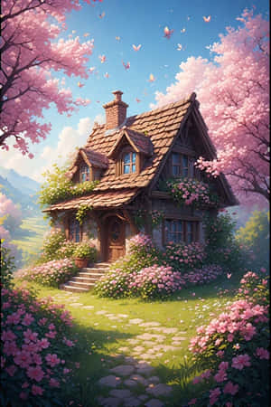 huisie,lente,blomme,tuin,kersiebloeisel,skoenlappers,heuwels,bloeiend,vrolik,natuur, — iPhone 4 Muurpapier