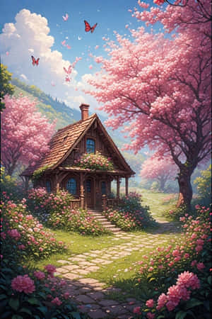 huisie,lente,blomme,tuin,kersiebloeisel,skoenlappers,heuwels,bloeiend,vrolik,natuur, — iPhone 4 Muurpapier