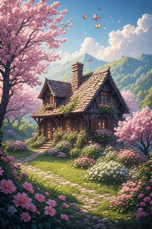 huisie,lente,blomme,tuin,kersiebloeisel,skoenlappers,heuwels,bloeiend,vrolik,natuur, — iPhone 4 Muurpapier