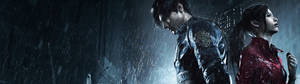 Resident Evil 2 Remake Leon Scott Kennedy en Claire Redfield dubbelskerm HD-agtergrond. — 3840x1080 Muurpapier