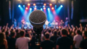 'n Dinamiese skoot van 'n mikrofoon met 'n vervaagde konsertskare. — Musiek estetika Muurpapier
