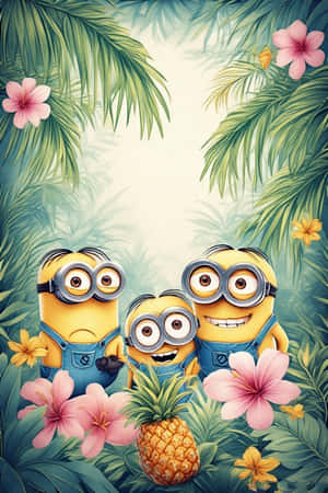 Minions,muurpapier,4K,tropiese oerwoud,palmblare, pastel pienk,pastel geel,blomme,pynappels — iPhone 4 Muurpapier
