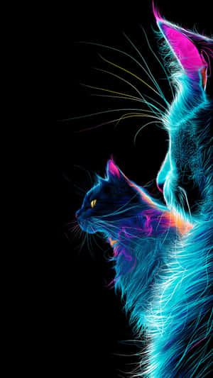 kat, katagtig, neon, gloed, digitaal, kuns, abstrak, lewendig, blou, pienk, pers, donker, swart, dier, troeteldier, lig, fraktaal, kleurvol, elektries, helder — Pers Muurpapier