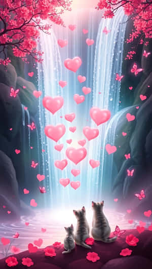 Valentynsdag,liefde,waterval,harte,katte,pienk,skoenlappers,magies,romanties,slimfoonagtergrond — Waterval Muurpapier