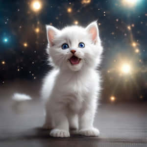 Lieflike Wit Katjie met Sterre-agtige Agtergrond — Dansende kat Muurpapier