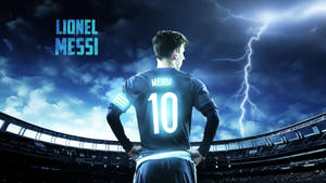 Lionel Messi by stadion onder blou weerlighemel agtergrond