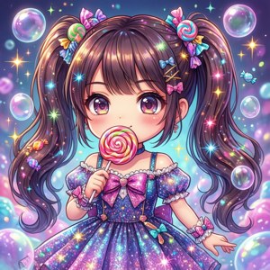 Chibi-anime meisie met lollie en sprankelrok — Motorola Razr 2026 Muurpapier