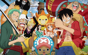 One Piece Lessenaar Luffy Vriende Op Skip — Een stuk lessenaar Muurpapier